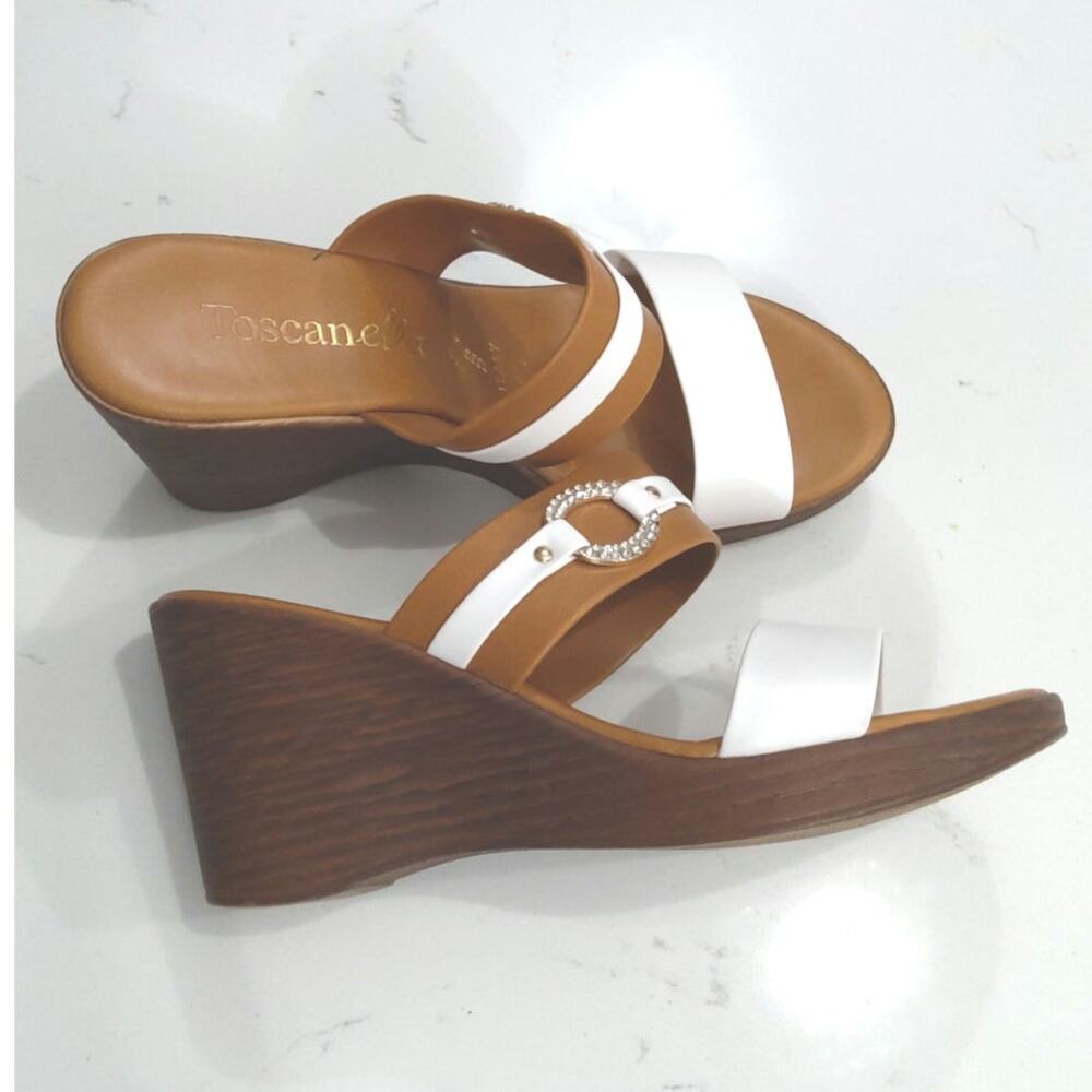 Toscanella Made In Italy wedge sandalssize 6.5 white straps rhinestone buckle  - Picture 6 of 6